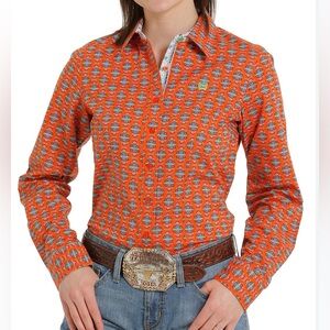 Women's Western-Style Long Sleeve Shirt in Orange Floral Print
